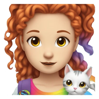 a white girl with long red curly hair in a pony tail with rainbow shirt does peace sign wearing cat ears one black other white sticker