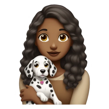 A brown girl with medium to long hair closes her eyes and holds a Dalmatian dog sticker