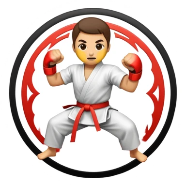 An emblem-style emoji symbolizing striking martial arts. The design features a stylized fighter in a dynamic stance, delivering a powerful punch, surrounded by a circular border with traditional elements like fists and combat symbols. Bold, clean lines with contrasting colors. sticker