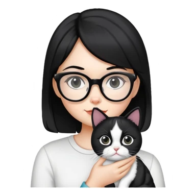 Girl with black hair wearing glasses holding a black and white cat sticker