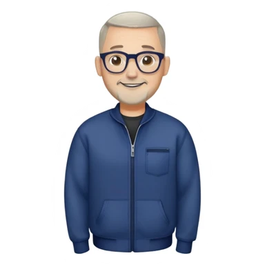 Man with light skin, oval face, buzz cut extremely short on top with faded sides, short peppered gray beard, large black-framed glasses, smiling face, broader body build, navy blue zip-front sweatshirt with long sleeves sticker