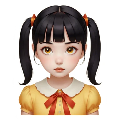 Face: Round with a porcelain-like finish, slightly eerie but innocent expression.
	•	Eyes: Large, dark, and slightly glossy, with a red sensor-like glow when activated.
	•	Hair: Black, neatly tied into two low pigtails with short bangs.
	•	Outfit: Yellow-orange short-sleeved shirt with a Peter Pan collar and a high-waisted orange jumper dress.
	•	Details: A small, unsettling smile and a slightly tilted head to capture her eerie nature. sticker