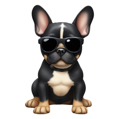 French bulldog with black body and ears and tan paws and belly with sunglasses sticker
