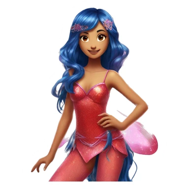 Musa asian adult fairy of music in her enchantix fairy red sparkling two-piece clothing and fairy enchantix wings and long dark blue hair in pigtails from winx club. Lots of sparkles and fairydust. Full body pic and full fairy bliss sticker