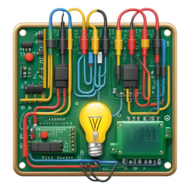 An icon featuring circuit boards, glowing wires, and a multimeter, symbolizing electrical engineering. The design includes a light bulb, voltage symbols, and electric currents flowing through components, representing the study and application of electricity. Transparent background sticker