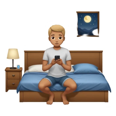 Gen Z young person kneeling beside bed in bedroom at night praying, smartphone on nightstand, wearing casual clothes, dim lighting, posters on wall sticker