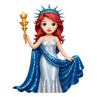 Lady Liberty from Film Studios with red wavy hair, white sequin gown, blue sequin drape sticker