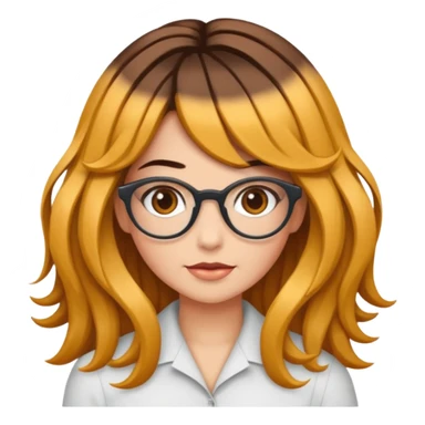 Uma garota de cabelos cacheados compridos e mechas loiras, com pele morena clara e óculos sticker