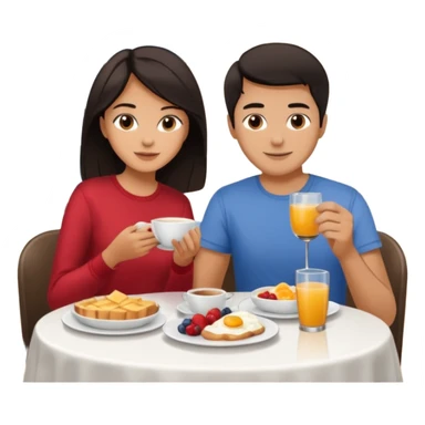 pon una pareja desayunando sedayuno de hotel pareja de pelo moreno sticker