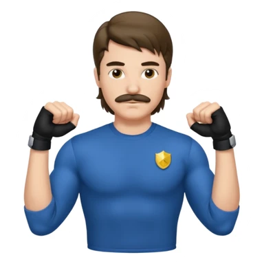 generate an ios genmoji of a 20 year old boy with shoulder length hair and a mullet. cop mustache. BIG biceps and wearing a full sleeve tshirt that fits his biceps sticker