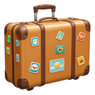 A 3D cartoon suitcase placed on the ground with travel stickers, soft sunlight, warm tone, realistic Memoji-style design. sticker