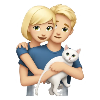 Guy with blue eyes and very short hair is hugging a girl with a blond bob hair cut. There are their two cats. One cat is orange and white and another one grey and white. Cats are very fluffy sticker