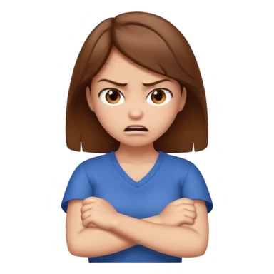 Girl with brown hair crossing arms in front of her chest and making an angry face sticker