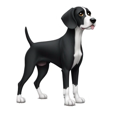 A short-haired pointer dog (full body) with a very black coat and pure white markings (white belly, white feet without spots, and white tip of the long black tail) and and a fully back head with very little white hair on the black snout. sticker