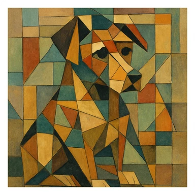 {
  "style_description": {
    "name": "Cubist Abstraction",
    "overall_look": "Deconstructed, multi-perspective abstraction with intersecting geometric planes",
    "composition": {
      "structure": "Fractured and fragmented shapes that overlap and intersect",
      "perspective": "Multiple simultaneous viewpoints, often distorted or rotated",
      "layout": "Asymmetrical, collage-like arrangement of visual elements"
    },
    "geometry": {
      "shapes": ["rectangles", "triangles", "trapezoids", "irregular polygons"],
      "edge_style": "hard, angular lines with minimal curves",
      "dimensionality": "flattened depth with layered planes"
    },
    "color": {
      "palette_type": "muted and earthy tones with occasional vivid accents",
      "application": "flat fills, overlapping transparencies, and color-blocked segments",
      "shading": "minimal or abstract, without realistic gradients"
    },
    "texture": {
      "use": "optional",
      "types": ["paper grain", "brushstroke pattern", "canvas roughness"],
      "purpose": "to evoke an analog, hand-rendered quality"
    },
    "subject_treatment": {
      "representation": "symbolic and abstract rather than literal",
      "distortion": "intentional exaggeration and fragmentation of form",
      "focus_on": ["structure", "form relationships", "compositional rhythm"]
    },
    "background": {
      "style": "integrated with subject forms",
      "purpose": "to emphasize the composition rather than isolate figures"
    },
    "render_constraints": {
      "avoid": ["realistic lighting", "photorealism", "perfect symmetry"],
      "encourage": ["overlapping shapes", "multi-angle views", "abstract composition"]
    }
  }
}

{subject} = dog sticker