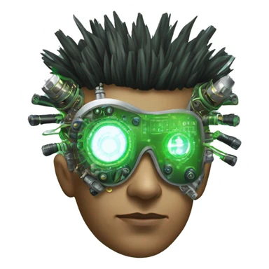 Green Mohawk hair male cyborg head with white steampunk goggles and circuits sticker