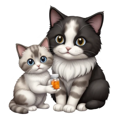 Adult ragdoll cat giving some pills to a black kitten sticker