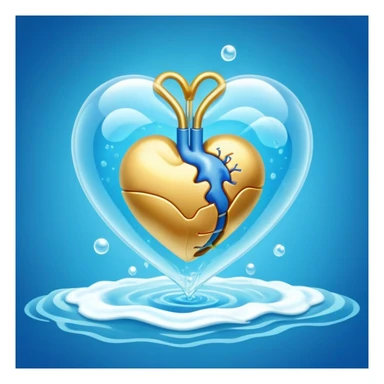 Golden floating capsule wrapped in soft blue liquid waves, slowly spinning around a translucent heart and a shining brain, with flashes of calmness that expand like waves in water sticker