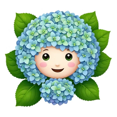 Adorable cute hydrangea flower with happy face, puffy round cluster of pastel colored tiny blooms, cheerful appearance, and cute little green leaves sticker