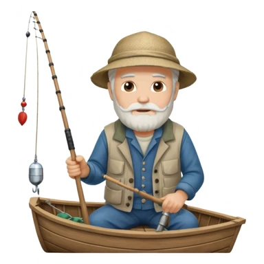 an old white haired, bearded man in fisherman attire, sat in a big boat on the ocean, holding one fishing rod in one hand, with the end of the fishing line touching the water sticker