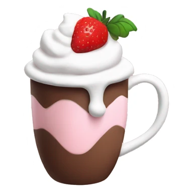 hot chocolate with mug and whip cream and pale pink strawberry sticker
