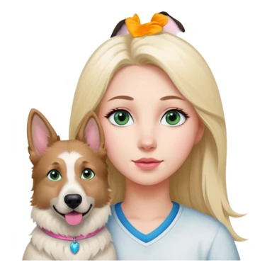 White European young woman with blue-green eyes and long blond hair with her white German Shepherd dog,the Dog hast a pink nose and short fur  and Brown eyes sticker