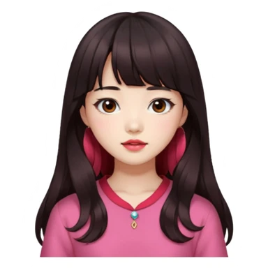 Korean girl, red top, black brown hair, brown eyes, long wavy hair, aesthetic, long hair, hime cut, blunt bangs, pink lip sticker