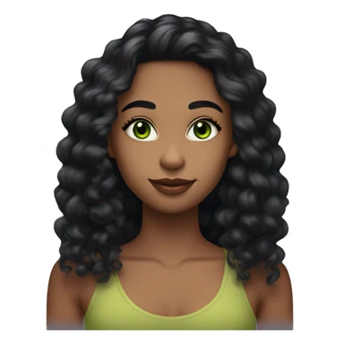 long curly black hair, full body head to toe, eyes with a hint of green, eyes positive  canthal tilt ,medium thick eyebrows , and thin lips, round face shape, soft jawline, full body, teen, sensual, american, woman, well defined feminine body sticker