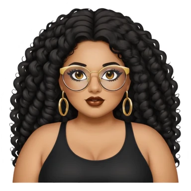 big plus size, latina, darker tan skin, gold hoops, long black curly hair, baddie,pretty, makeup, lipgloss, black eyeliner, long hair, black top, black glasses sticker