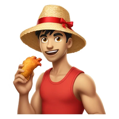Young guy with black hair in a red tank top, wearing a straw hat with a red ribbon is making an extremely goofy face and eating a cartoonish chicken leg sticker