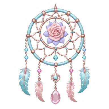 Rosy shiny glossy sparkly romantic pastel crescent damask moon with rose quartz pastel vines pastel gems pastel beads with feathers and chains  suncatcher-dreamcatcher sticker