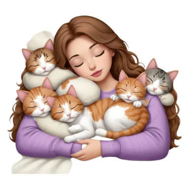girl with long wavy brown hair, brown eyes, long lashes makeup, sexy pink lips, light to medium complexion,  sleeping on a cozy pillow, with 6 cats: 1 brown and white tabby cat, 1 ginger and white, 2 grey and white, 1 grey with white mittens and small white patch on chest and 1 calico, sleeping sticker