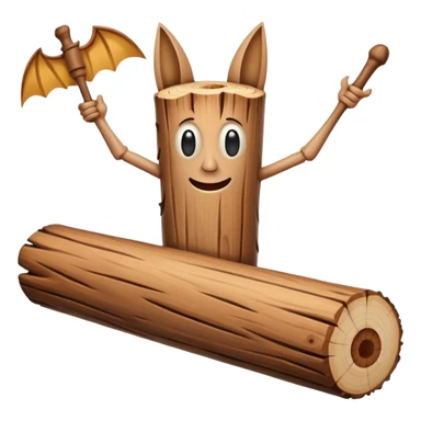 The character is an anthropomorphic wooden log with a cartoonish face, human arms and legs, and a long wooden bat, giving it a surreal, humorous appearance. sticker