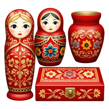 Wood painting icon, painted wooden matryoshkas (nesting dolls) of various sizes, vase, and small wooden box, visible carving tools, paintbrushes, traditional patterns in bright colors like red, gold, and black, no finished artwork, just the crafting process, minimalistic style, clean lines, transparent background. sticker
