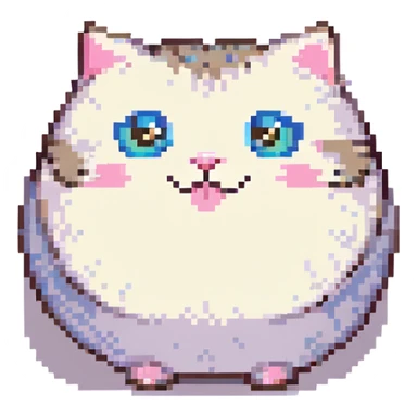 pixel art emoji of a round, adorable cat sitting, big shiny eyes, pink cheeks, joyful face sticker