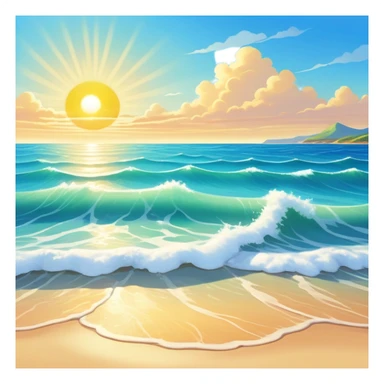A beautiful  shoreless seascape with waves in warm tones under a bright sun, with the azure sea occupying the foreground. The sunlight reflects off the water, creating a vibrant, peaceful atmosphere. The background features a stunning sky with soft clouds and a distant horizon. sticker