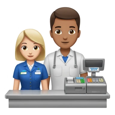 Supermarket employee at a cash register, full body, serving a man sticker