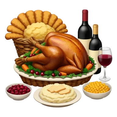 Thanksgiving Dinner with 10 people of different skin color around the table; have the food be a cooked turkey, mashed potatoes, corn, a basket of biscuits, a small bowl of cranberry sauce, baked yams, steamed vegetables, and a bottle of wine. sticker