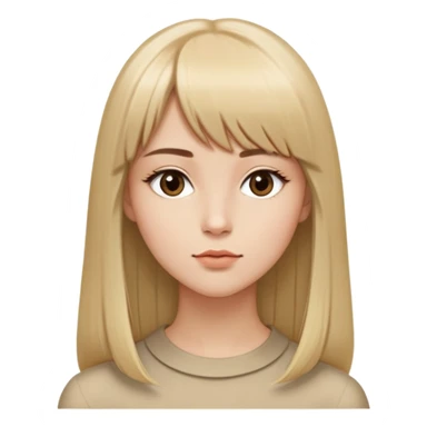 young woman, very long straight blonde hair parted in the middle with bangs, almond-shaped brown eyes, brown eyebrows, oval face with a refined jawline, small nose, medium lips, seated sideways, sharp collarbone, profile view, sticker