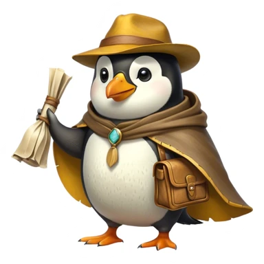 A explorer penguin inspired by Indiana Jones, wearing a weathered yellow enchanted hat and a flowing cape. It carries a leather satchel with ancient scrolls. Cartoon-style, smooth shading, highly detailed, no background sticker
