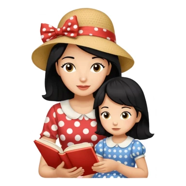 A black hair mother in a ribboned hat wearing polka dot dress reading a storybook to her child. sticker