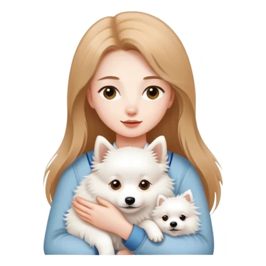 long light brown hair girl with pale skin holding a white Japanese spitz dog in her arms sticker