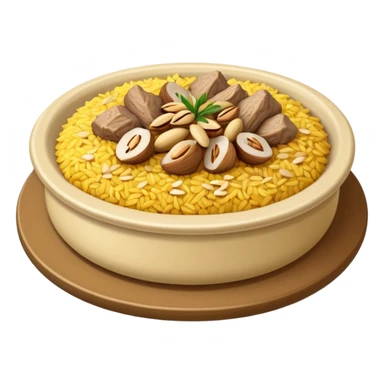 "Emoji of a Jordanian Mansaf dish — round platter with golden rice, lamb pieces, nuts on top, simple cute cartoon style, clean lines, white or transparent background." sticker