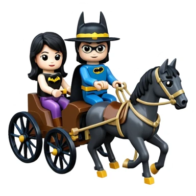  Ultra cute  Lego detailed 1854 Batman driving and pretty dark-haired Catgirl riding a horse drawn family-size Caravan alone together on a romantic trail in the woods  sticker