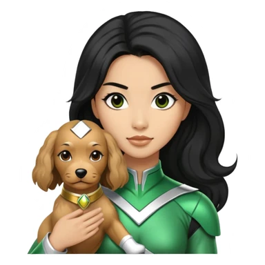 green power ranger wasian woman with long black hair and a fully light brown cockapoo dog sticker