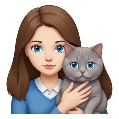 White girl with blue eyes and long brown hair, holding british shothair cat sticker