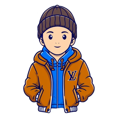 young person wearing a Louis Vuitton beanie and a Ralph Lauren Gorham jacket sticker