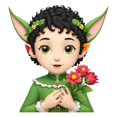 Tiny elf baby black curly hair with pointy ears, hold flowers sticker