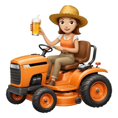 White woman with brown hair, without glasses wearing a straw hat, on old orange ride on lawn mower, holding a beer with one hand and holding the steering wheel with the other hand. Woman is smiling.  sticker
