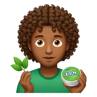 Man with Curley brown hairholding Zyn spearmint snus sticker